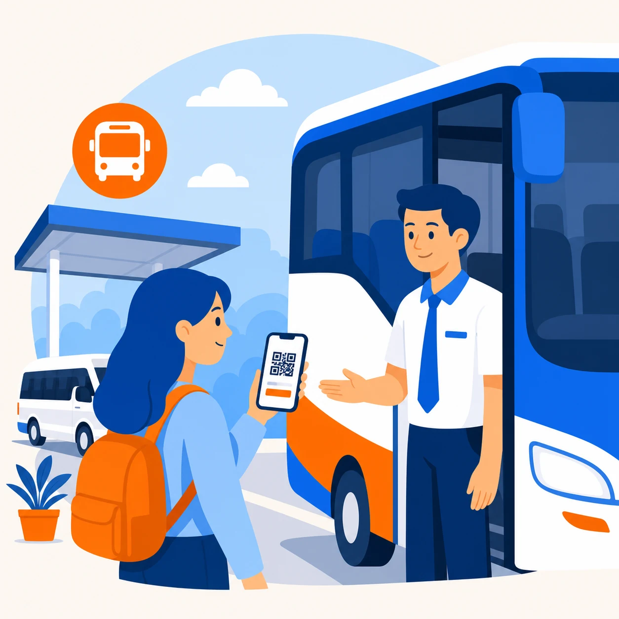 Traveler boarding a bus with mobile ticket